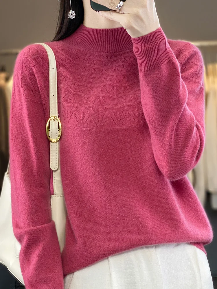 Top Trends: New Fashion Spring Long Sleeve Women Knitted Sweater 100% Merino Wool Mock Neck Pullover Clothing Knitwear Basic Jumper Tops Shoppable Styles