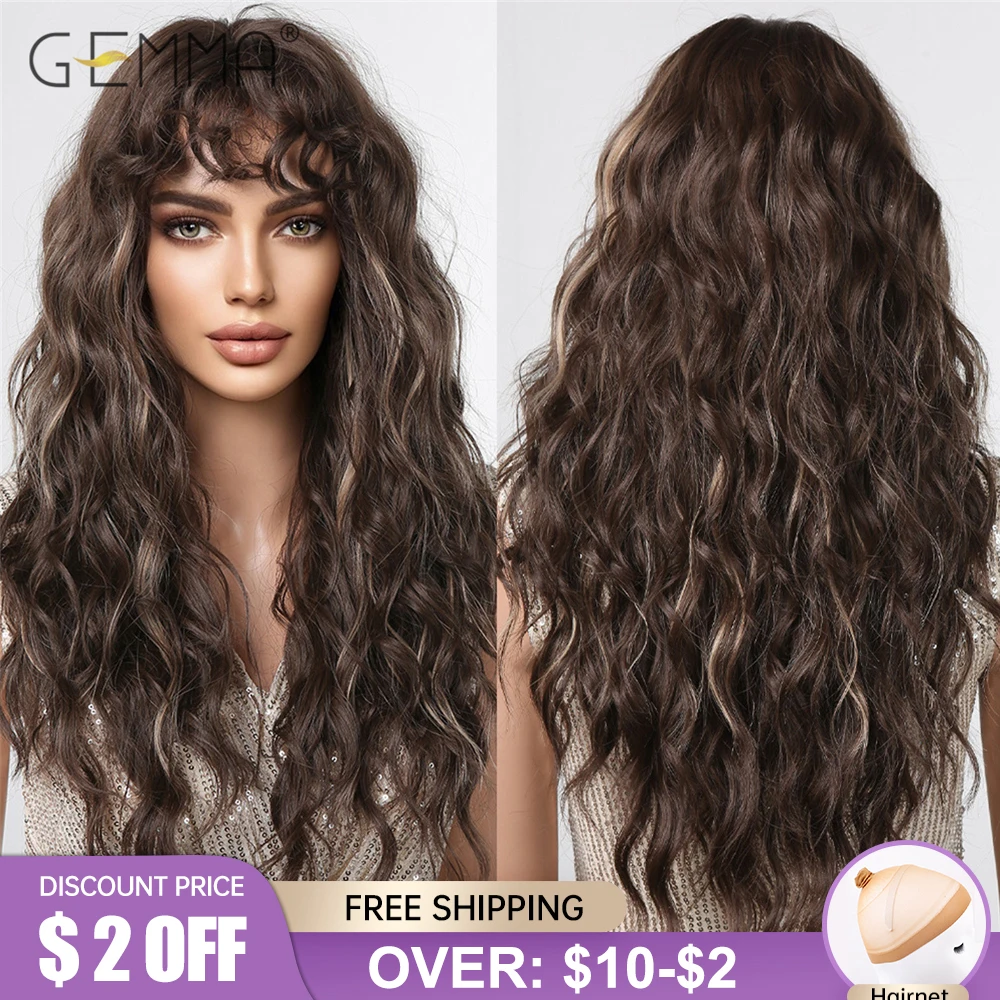 Top Trends: GEMMA Dark Brown Long Curly Synthetic Wig Deep Wave Cosplay Hair Wigs With Wavy Bangs For Women Daily Party Heat Resistant Fibre Shoppable Styles