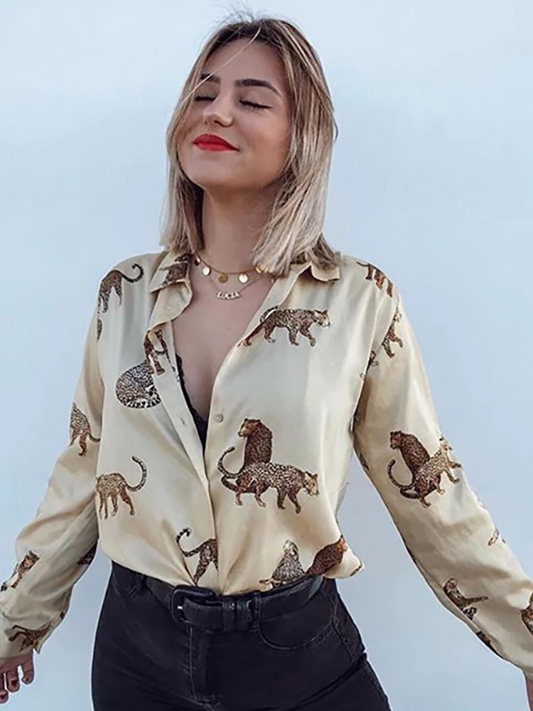 Top Trends: 2022 Fashion Women Animal Print Casual Shirt Elegant Long Sleeve Turn Down Collar Satin Blouse Office Lady Tops Blusa Feminina Shoppable Styles