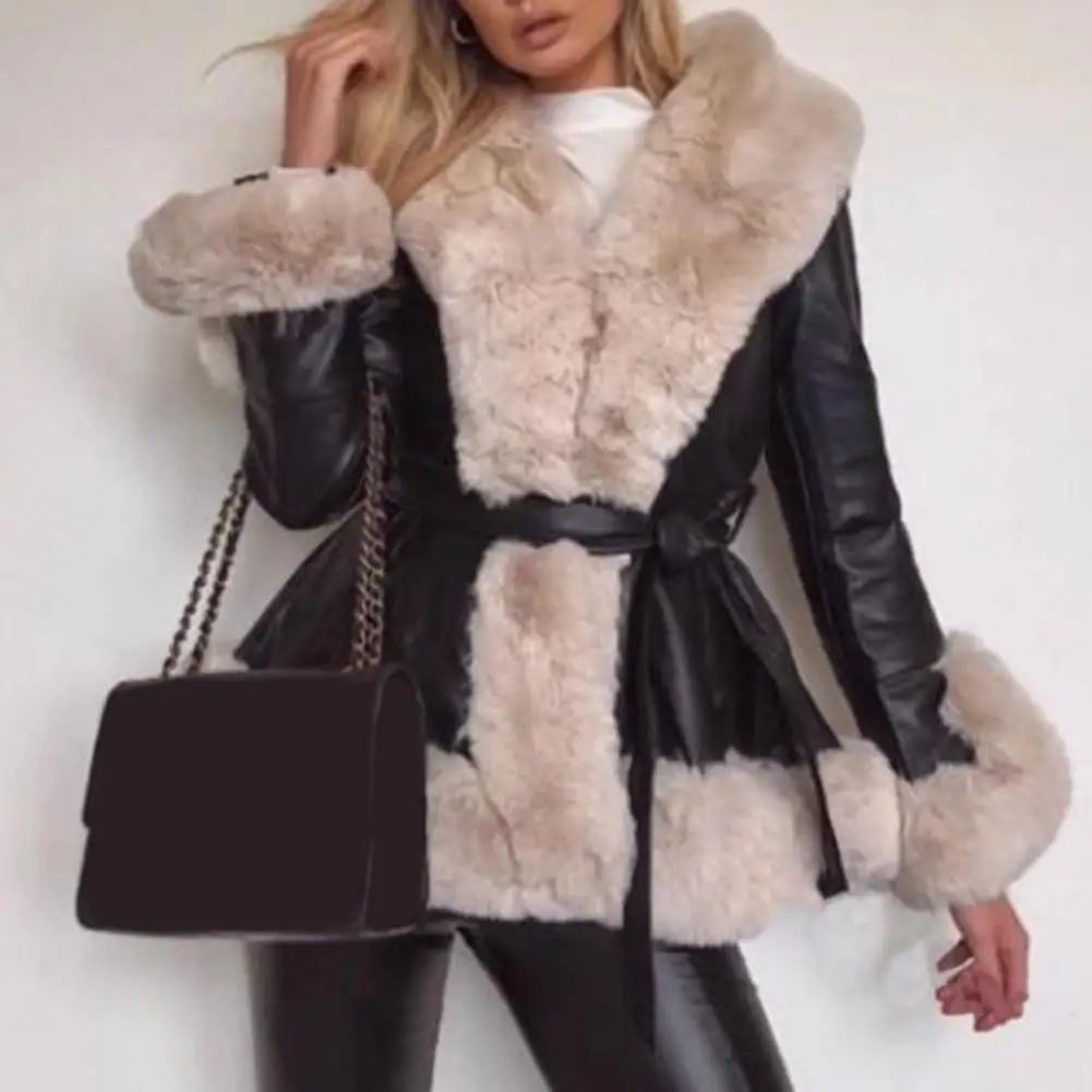 Top Trends: Open Stitch Belt Pockets Long Sleeve Jacket Coat Women Autumn Winter Plush Trim Faux Leather Outerwear Manteau Femme Abrigo سترة Shoppable Styles