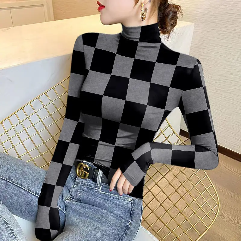 Top Trends: Women&#039;s Thin Half High Neck Bottom Autumn And Winter New Fashion Commute Printed Plaid Long Sleeve Pullover T-shirt Slim Tops Shoppable Styles