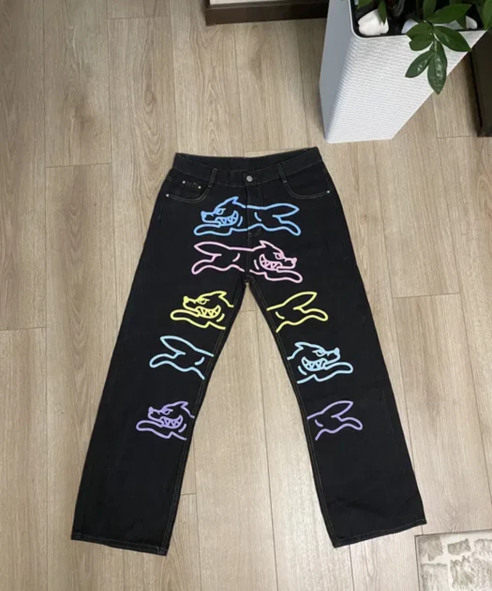 Top Trends: American Hip-hop Street Running Dog Print Jeans For Men And Women Classic Harajuku Casual Loose Y2k Wide-leg Pants Jeans Woman Shoppable Styles