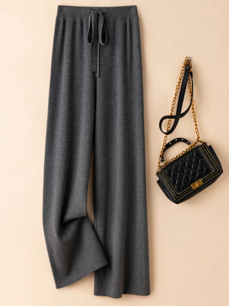 Top Trends: QWEEK Cashmere Knitted Wide Leg Pants Women Korean Dongdaemun 2023 Winter Elastic Loose Trousers Straight Wool Casual Pants Shoppable Styles