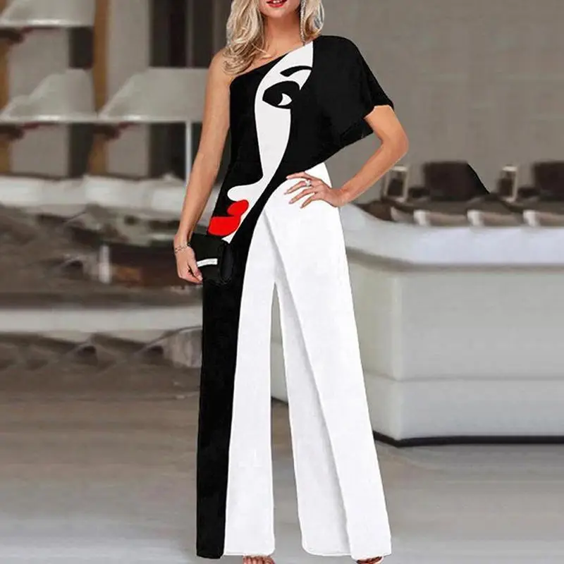 Top Trends: Sexy Women Jumpsuits For 3d Printed Summer New One Shoulder Contrast Color Sleeveless Casual Party Wide Leg Jumpsuit Shoppable Styles