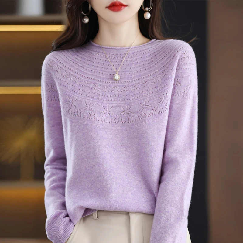 Top Trends: Trendy Style One-Line Ready-To-Wear Pure Wool Sweater Women&#039;s Hollow Knitted Pullover Autumn And Winter Rolled Edge O-Neck Top Shoppable Styles