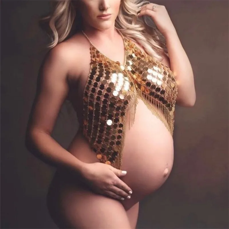 Top Trends: Sexy Maternity Photography Props Maternity Dresses For Photo Shoot Women Metal Sequin Body Chain Belly Goddess Crystal Crown Shoppable Styles