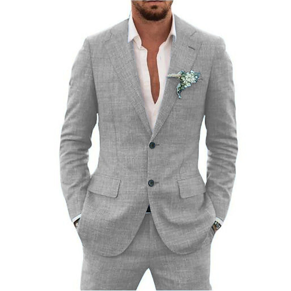 Top Trends: Slub Cotton Linen Suiting Fabric Full Men's Suit Lapel Collar Single-breasted 2 Piece Set Elegant Man Suits High Quality Blazer Shoppable Styles - Image 5