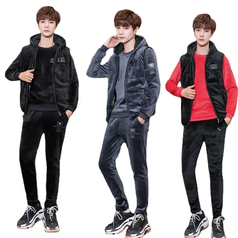 Top Trends: 2023 Men's Golden Velvet Knit Men's Plus Thick Sports Suit Autumn And Winter Men's Suit Casual Knit Three-piece Set Hoodies Shoppable Styles