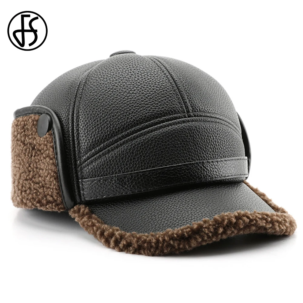 Top Trends: FS PU Leather Baseball Cap For Men Warm Winter Hat Women Ear Protection Dad Hat Black Brown Plus Velvet Earflaps Caps Bone Shoppable Styles