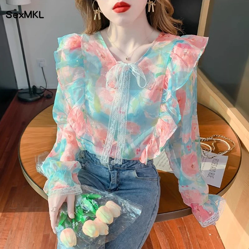 Top Trends: See Through Chiffon Blouses Women Floral Printed Korean Fashion Clothing Blusa Mujer Casual Lace Patchwork Ruffles Tops Shirts Shoppable Styles