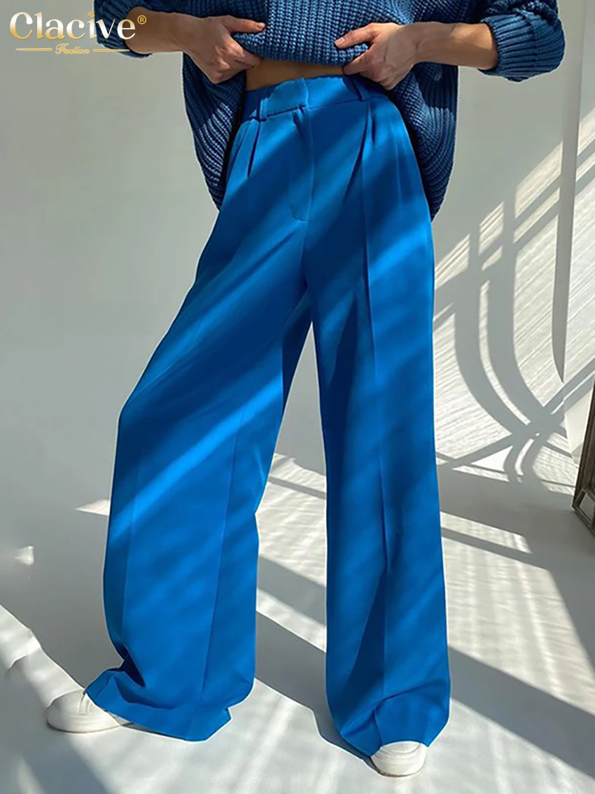 Top Trends: Clacive Blue Office Women&#039;S Pants 2021 Fashion Loose Full Length Ladies Trousers Casual High Waist Wide Pants For Women Shoppable Styles