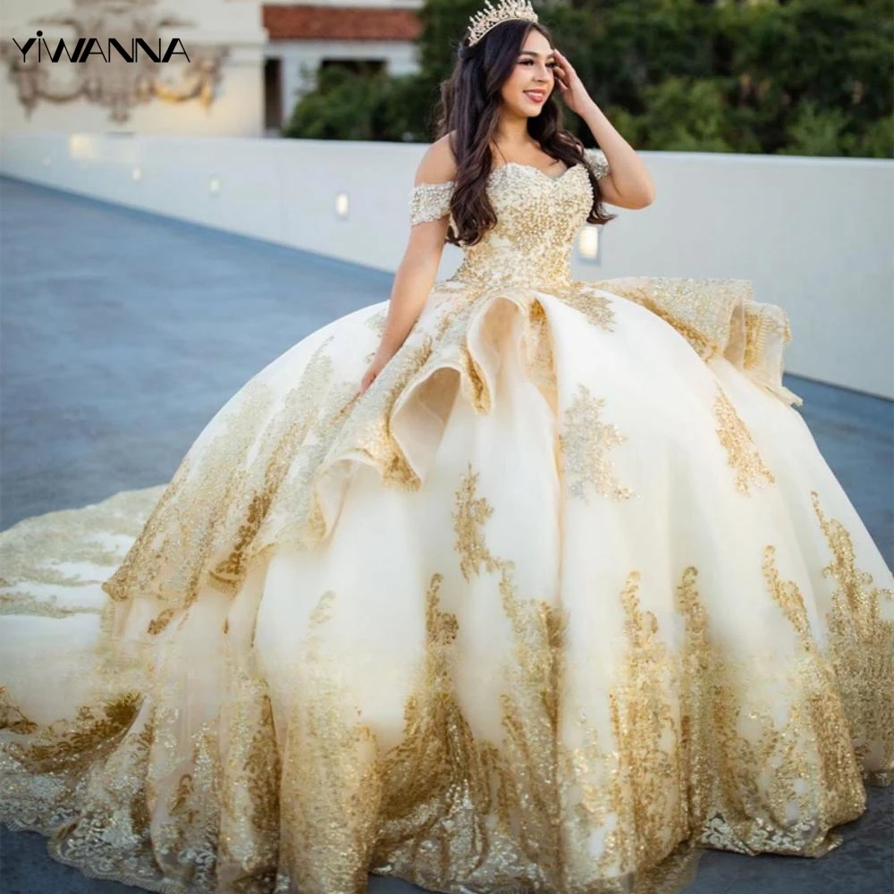 Top Trends: Elegant Off The Shoulder Wedding Dress Sparkly Sequins Pearls Bridal Gown Classic Golden Ball Gown Bride Robe Vestidos De Novia Shoppable Styles