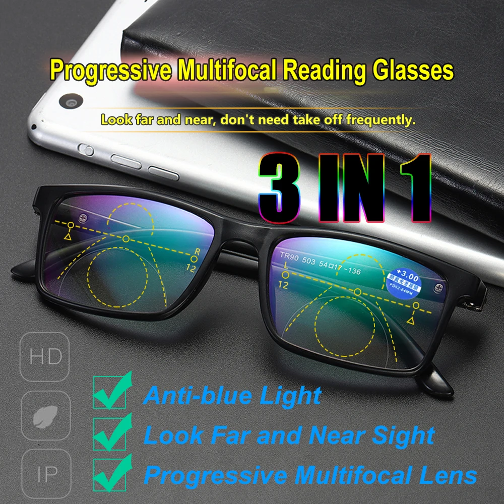 Top Trends: Progressive Bifocals Reading Glasses Anti Blue Light Presbyopia Eyeglasses Near Far Sight Spectacles Hyperopia Diopter + 1.0-4.0 Shoppable Styles