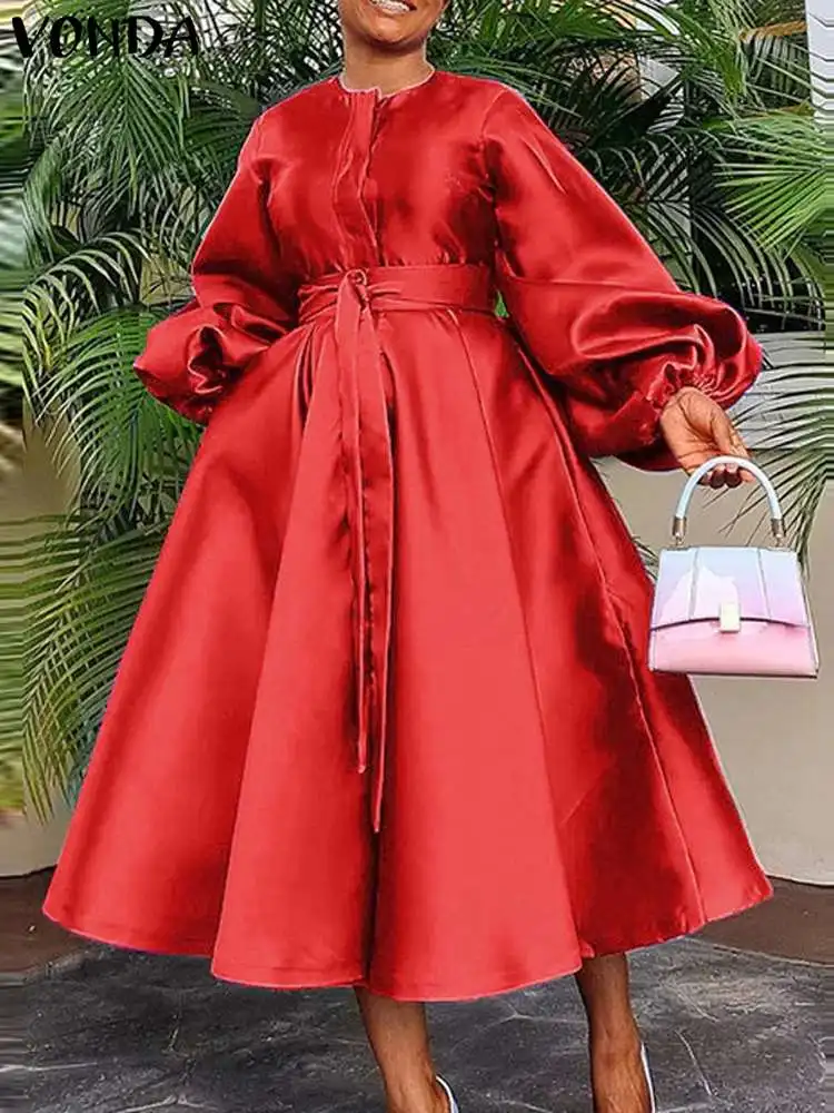 Top Trends: Plus Size VONDA 2024 Long Party Dress Women Long Lantern Sleeve Satin Pleated Midi Sundress Casual Loose Solid Robe Belted Shoppable Styles