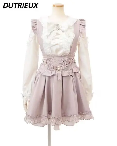 Top Trends: Japanese-Style Mine Detachable Suspender Skirt Loose Slimming Slim Waist Heart-Shaped Pearl Buckle Ruffled Pleated Skirts Women Shoppable Styles