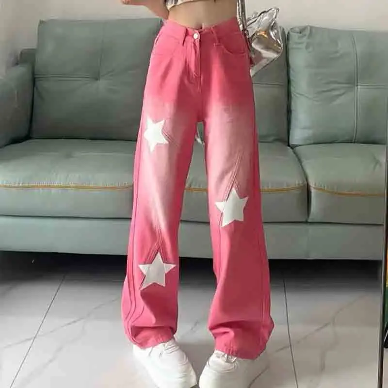 Top Trends: Hip Hop New Pink Jeans Spring Autumn Fashion Casual Wide Leg Pants High Waist Streetwear Loose Straight Star Full Denim Trousers Shoppable Styles