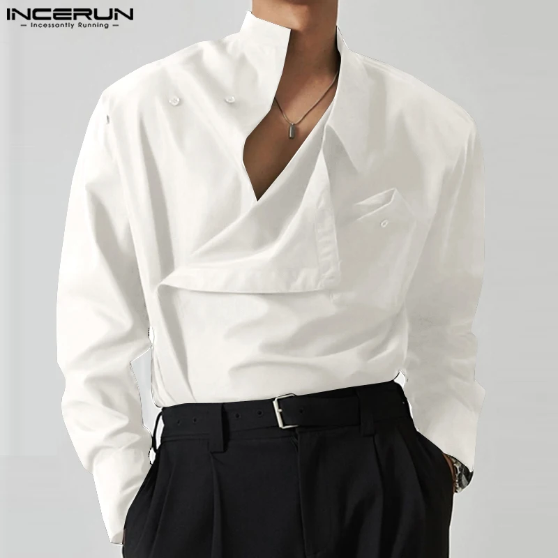 Top Trends: INCERUN Tops 2023 Korean Style New Men&#039;s Diagonal Placket Solid Simple All-matcg Blouse Fashion Casual Long Sleeved Shirts S-5XL Shoppable Styles