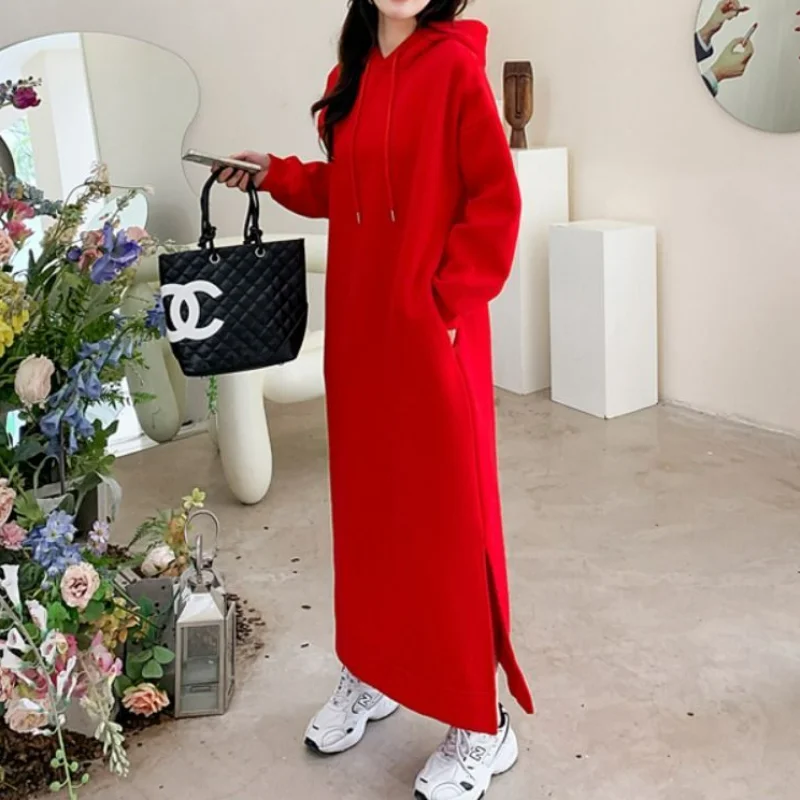 Top Trends: Korean Women Autumn Winter Fleece Thicken Hooded Dress Solid Split Oversized Fashion Female Clothing Long Sleeve Casual Dresses Shoppable Styles