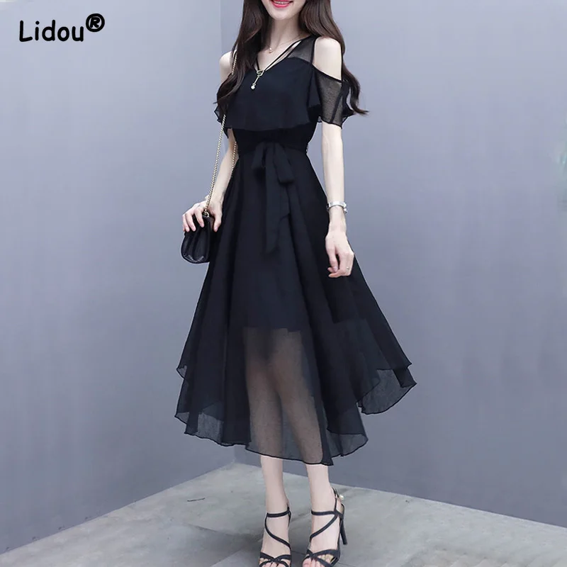 Top Trends: Elegant Fashion V-neck Zipper Off Shoulder Short Sleeve A-LINE Dress Summer Black Solid Color Chiffon Empire Women's Clothing Shoppable Styles