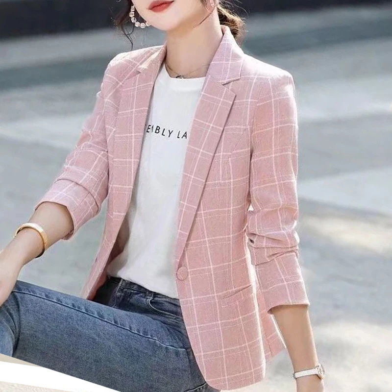 Top Trends: Women&#039;s Clothing Button Notched Temperament Simplicity Skinny Office Lady Business Casual Plaid Printing Spring Summer Blazers Shoppable Styles