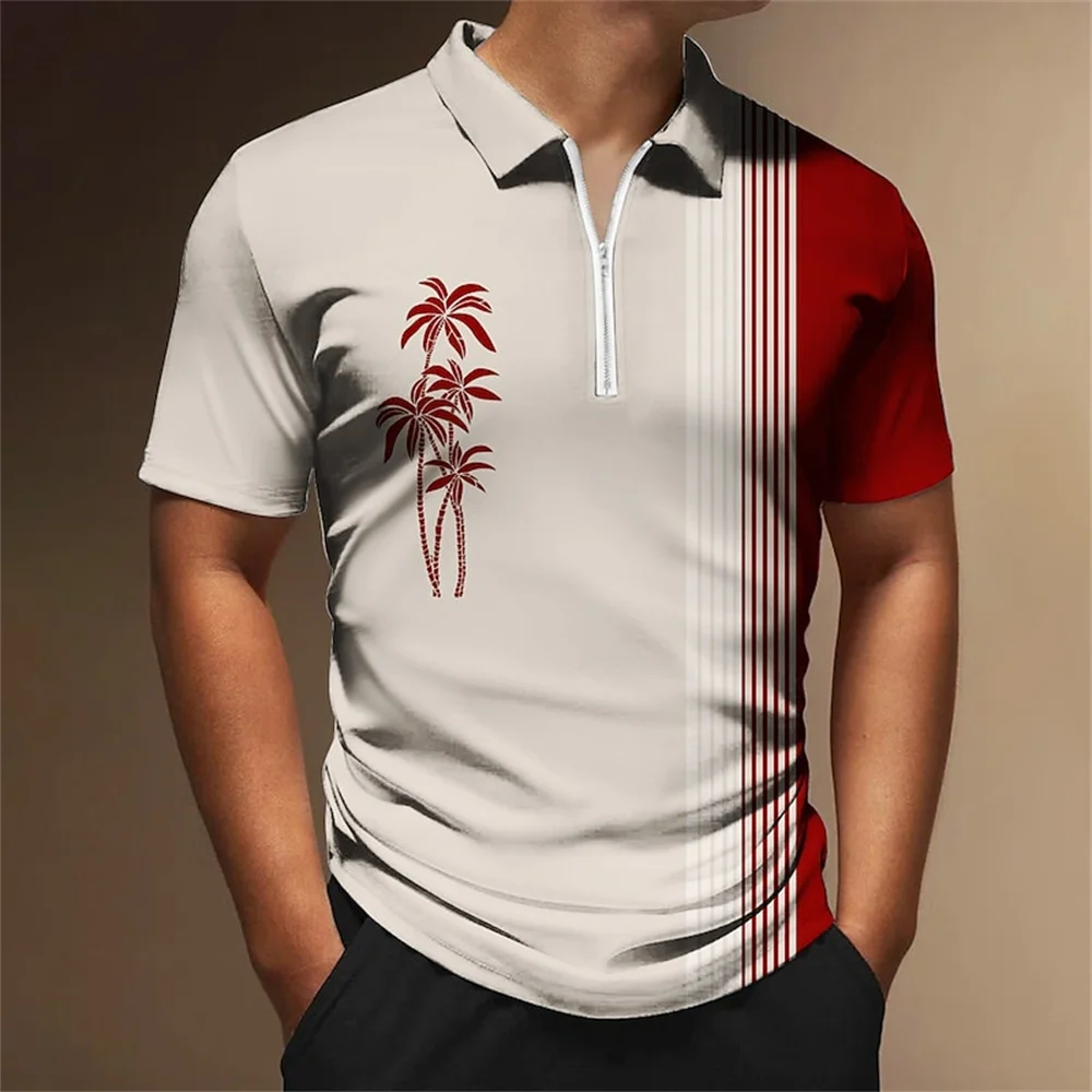 Top Trends: Men'S Striped Polot Shirt Coconut Tree Printed Polot Shirt Summer Casual Man Short Sleeve Tops Simple Zipper Men'S Golf Clothing Shoppable Styles