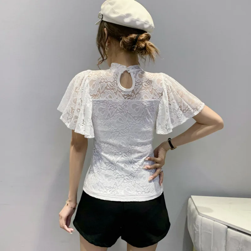 Top Trends: #7237 Black White Pink Lace T Shirt Women Stand Collar Perspective Women's T-shirt Flare Sleeve Women's Tee Shirt Sexy Summer Shoppable Styles - Image 4