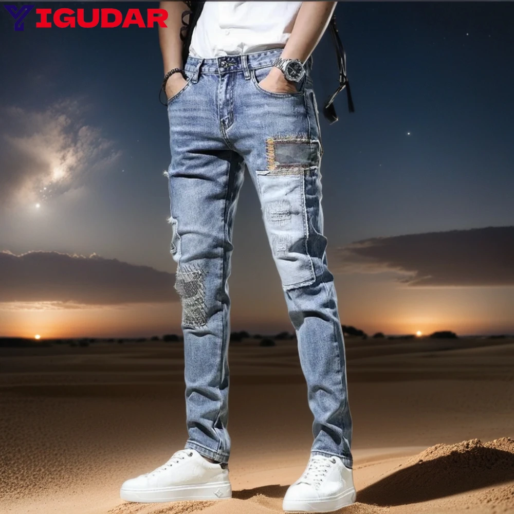 Top Trends: Autumn New Arrival Men's Jeans Elastic Embroidered Patchwork Hip Hop Denim Pants Korean Style Slim Fit Cotton Trousers For Men Shoppable Styles