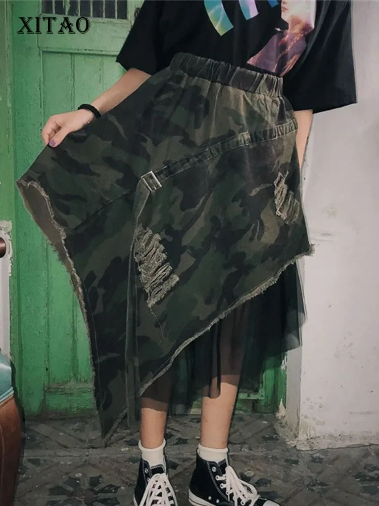 Top Trends: XITAO Camouflage Mesh Splice Long Skirt Street Asymmetrical High Waist Summer Clothes For Women Fashion Loose Casual XJ1689 Shoppable Styles