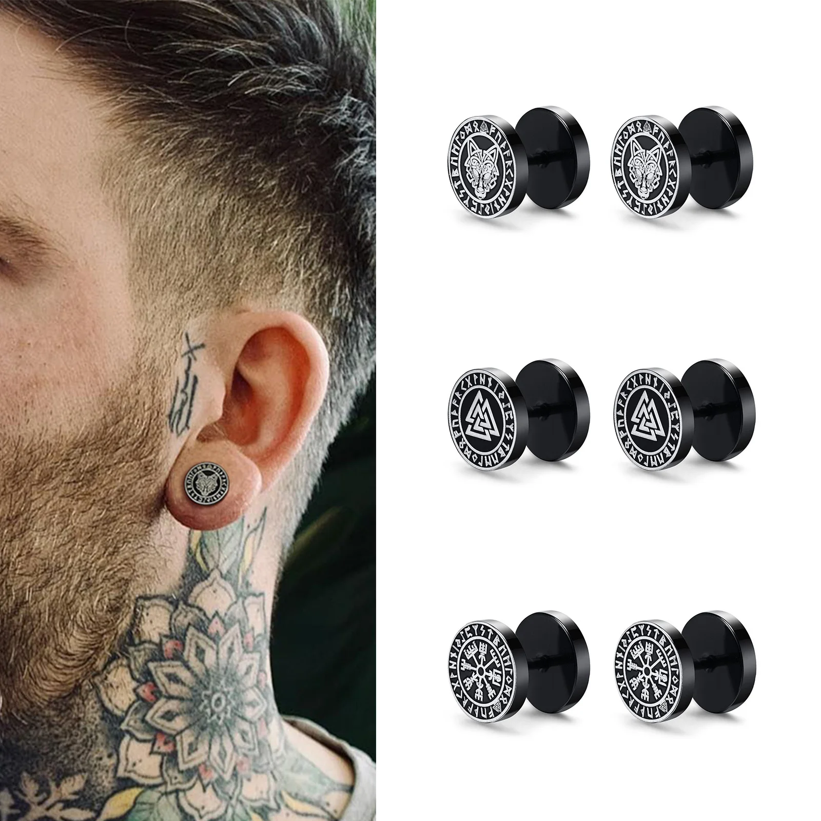 Top Trends: Gothic Norse Viking Runes Stud Earrings For Men Boys, Rock Punk Stainless Steel Valknut Wolf Head Compass Celtic Knot Earrings Shoppable Styles