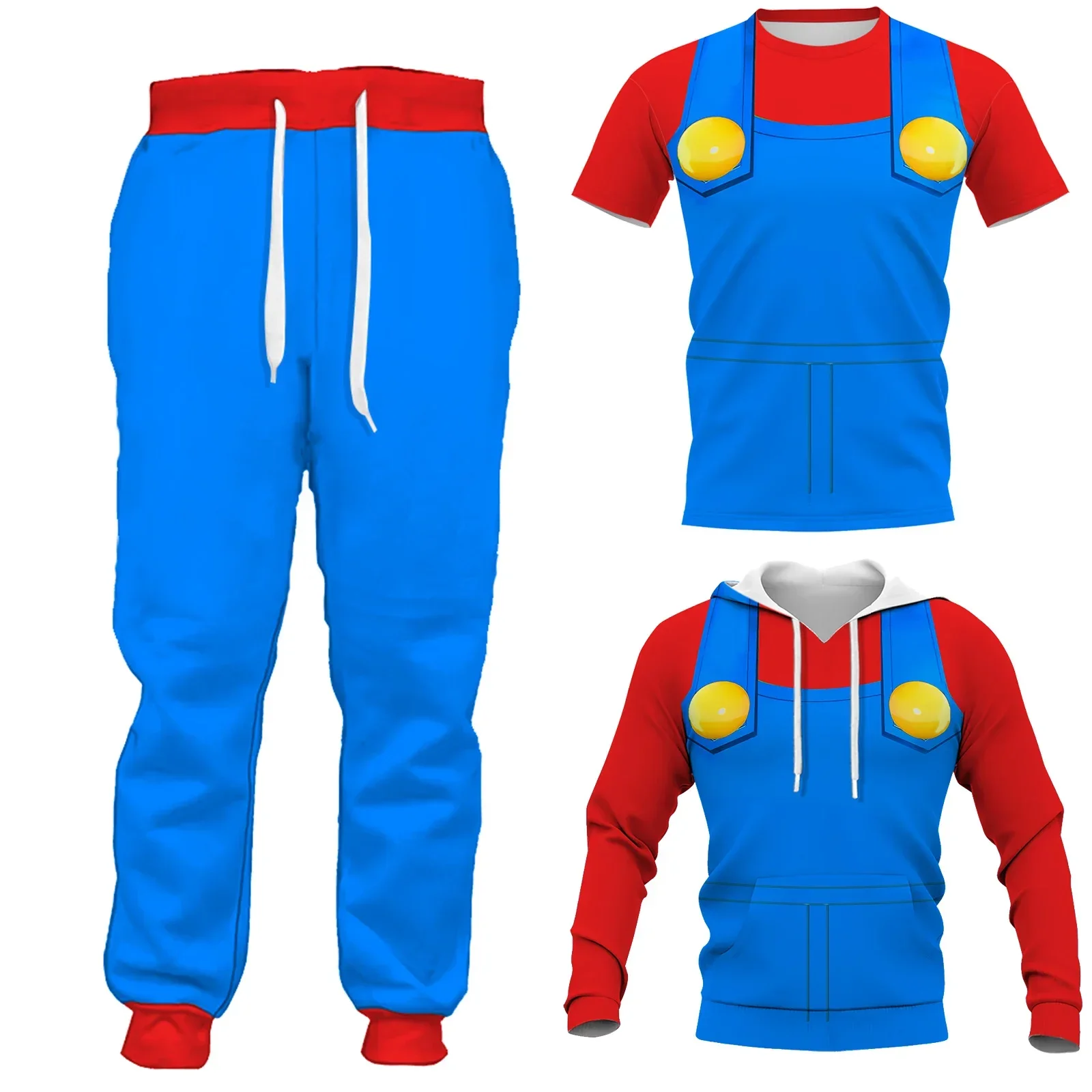 Top Trends: HX Mari Brother Bowser Clothing Red Blue Overall Printed T-shirts Sweatshirts Hoodies Male Female Cosplay Costumes Dropshipping Shoppable Styles