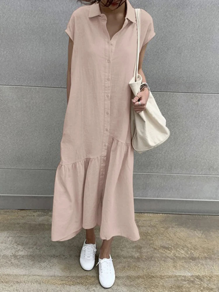 Top Trends: Women&#039;s Summer Sundress ZANZEA 2023 Elegant Solid Shirt Dress Short Sleeve Maxi Vestidos Female Casual Lapel Robe Shoppable Styles