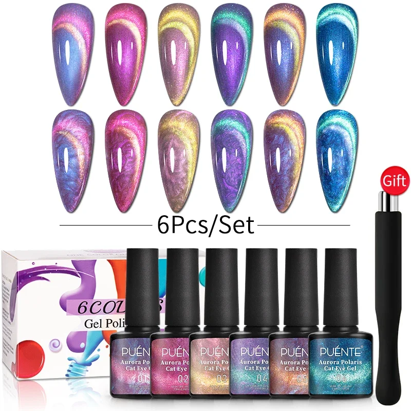 Top Trends: PUENTE 6Pcs Aurora Shell Thread Cat Magnetic Gel Polish Set With Magnet Glitter Pearl Cat Eye Gel Soak Off Nail Art Varnish Kit Shoppable Styles