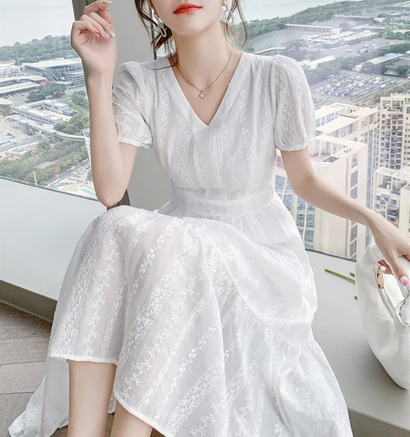 Top Trends: French White Long Dress For Woman Summer Bohemia Slim Beach Maxi Dress Short Sleeve V Neck Elegant Female Dresses Office Holiday Shoppable Styles