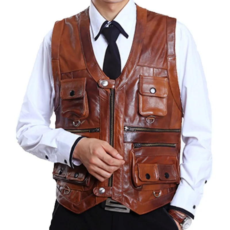 Top Trends: Cowhide Genuine Leather Vest Mens Brown Waistcoat Male Sleeveless Jacket Thick Motorcycle Biker Safety Vest Multi Pocket Coat Shoppable Styles