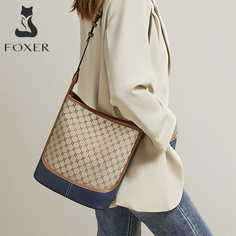 Top Trends: FOXER Monogram Design PU Leather Shoulder Crossbody Bag Large Capacity Office Bucket Lady Fashion Women&#039;s Commuter Messenger Bag Shoppable Styles