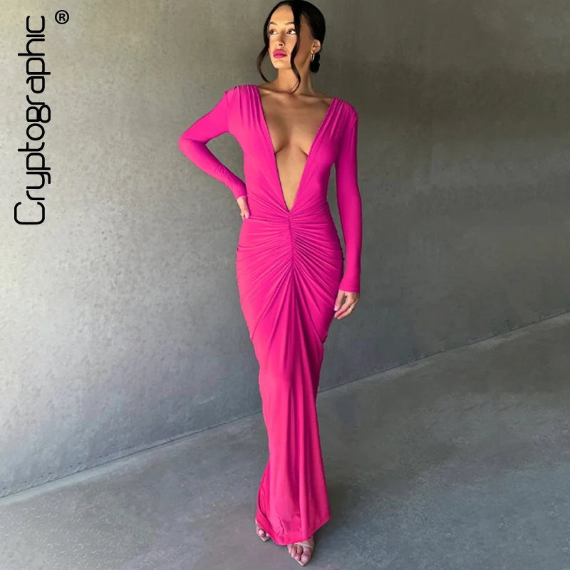 Top Trends: Cryptographic Fashion Ruched Draped Deep V Maxi Dress Elegant Knit Long Sleeve Club Party Dresses Gown Birthday Fashion Outfits Shoppable Styles