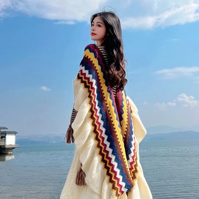 Top Trends: Navajo Style Poncho Autumn Knit Cardigans With Tassels Boho Bat Wing Argyle Pattern Weave Sweater Cape Beige Cloak Duster Coats Shoppable Styles