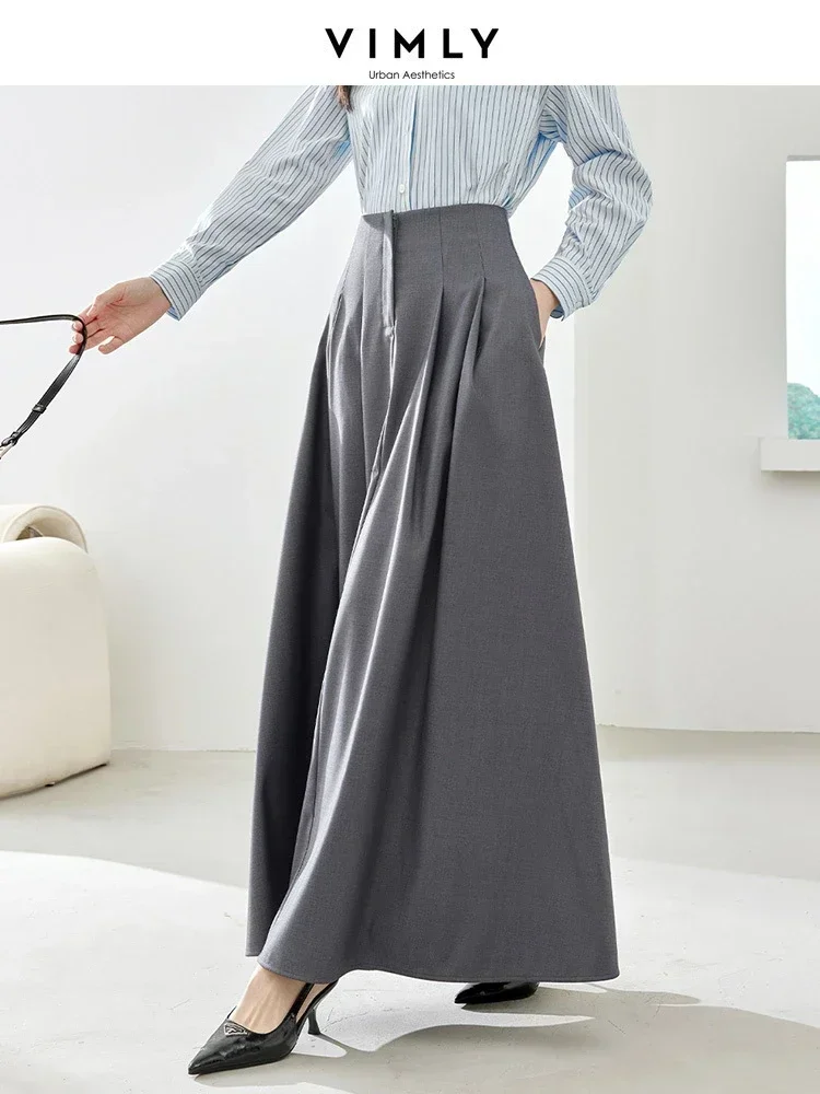 Top Trends: Vimly Gray Maxi Skirts For Women Spring 2024 Elegant Office Lady A-line High Waist Contrast Belt Swing Pleated Dress Skirt M3568 Shoppable Styles