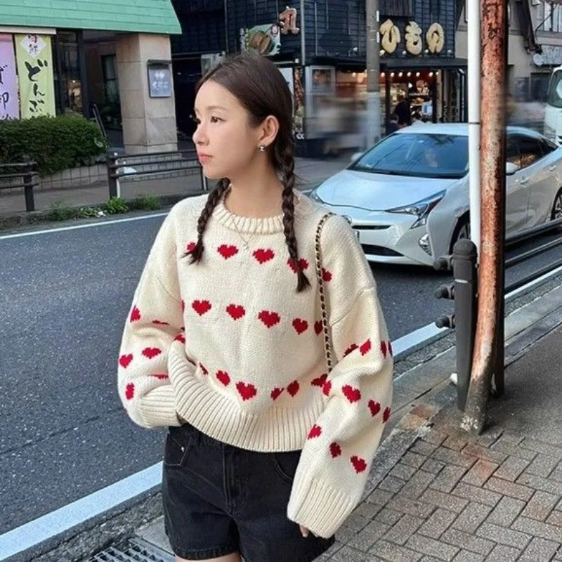 Top Trends: Deeptown Vintage Knit Sweater Women O Neck Autumn Korean Fashion New Love Heart Jumper Kawaii Aesthetic Pullover Loose Harajuku Shoppable Styles