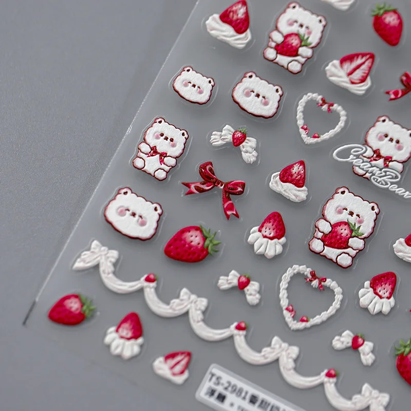 Top Trends: 5D Realistic Relief Sweet Lovely White Cream Bear Red Strawberry Bow Heart Adheisve Nail Art Stickers Decals Manicure Ornaments Shoppable Styles