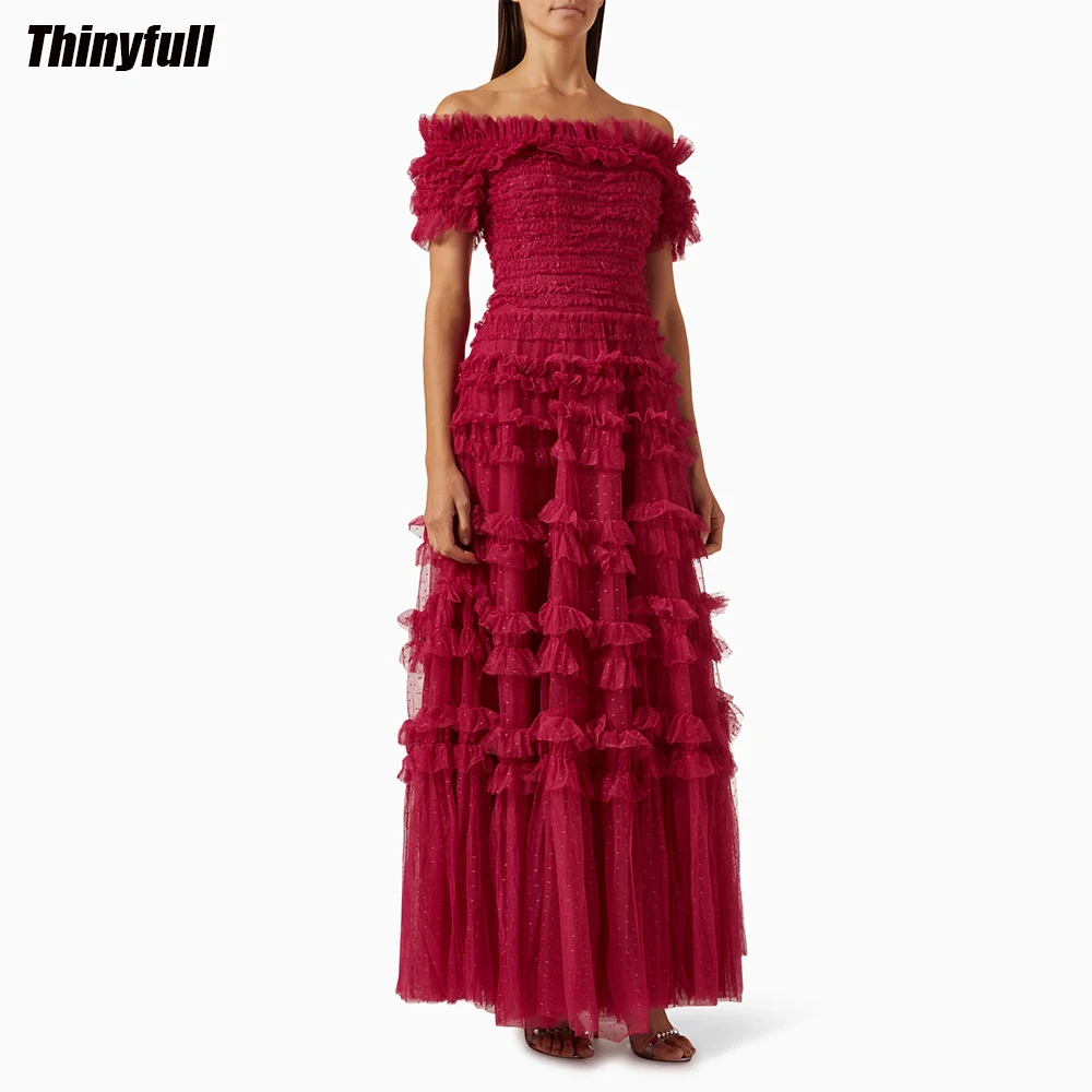 Top Trends: Thinyfull A-line Dotted Tulle Prom Dresses Strapless Off Shoulder Evening Party Gown Dubai Outfit Formal Occasion Dress Shoppable Styles