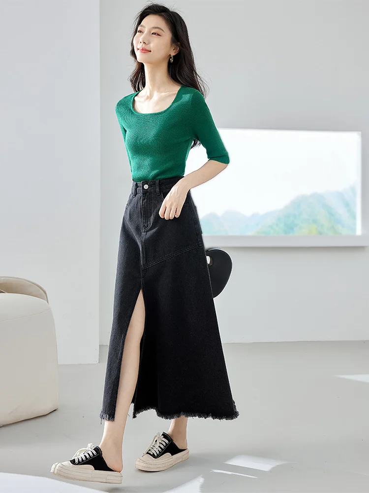 Top Trends: Vimly Black Denim Maxi Skirt For Women Fashion 2023 Autumn Elegant High Waist Split Tassel Hem A Line Long Jeans Skirt 72295 Shoppable Styles - Image 6