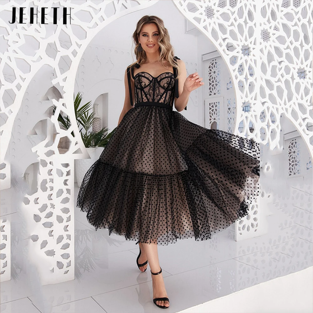 Top Trends: JEHETH Black Polka Dots Prom Dress For Women Tulle Open Back Bow Straps Lace Sweetheart A Line Evening Party Dresses Tea Length Shoppable Styles