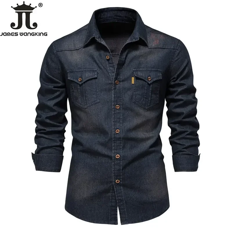 Top Trends: US Size S-5XL Cotton 2023 Men&#039;s Long-sleeved Washed Denim Shirt Casual All-match Button Solid Color Outdoor Shirt Male Shoppable Styles