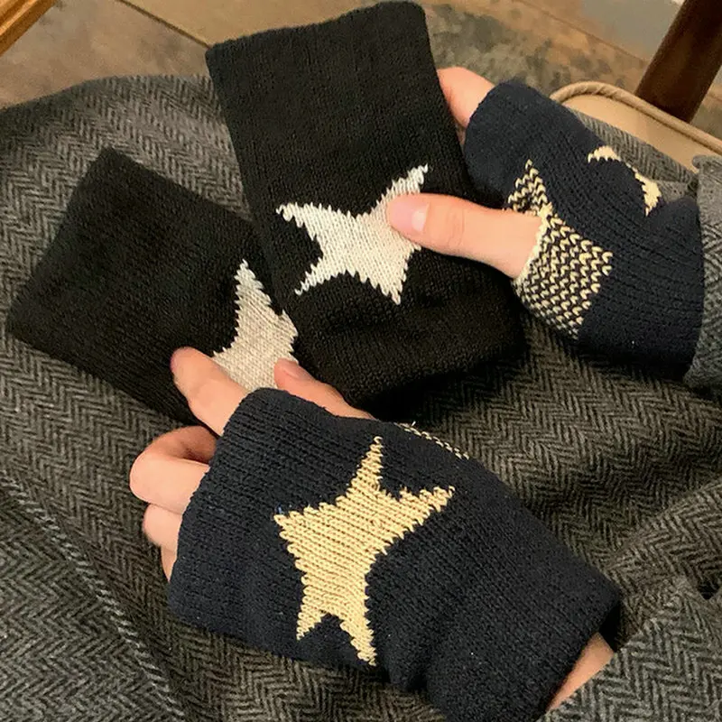 Top Trends: Y2K Unisex Pentagram Half Finger Fingerless Gloves For Women Men Couple Wool Knit Wrist Gloves Winter Warm Gloves Shoppable Styles