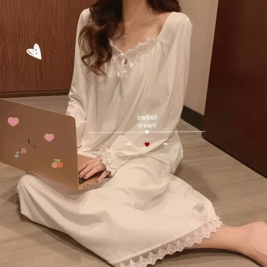 Top Trends: Summer Korean Nightgowns For Women Long Sleeved Nightwear Female Lace Sexy Sleepwear Home Clothes Silk Cotton Night Dress Shoppable Styles