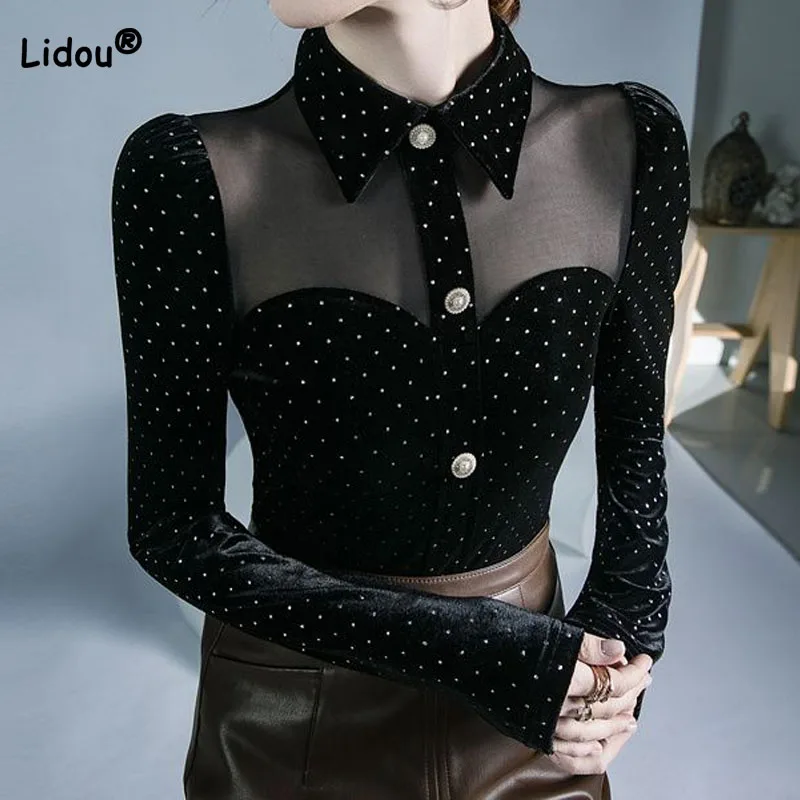 Top Trends: Fashion Sexy Gauze Spliced Polka Dot Tops Autumn Winter Korean Long Sleeve Vintage Slim Polo-Neck T-shirt Women's Clothing 2022 Shoppable Styles