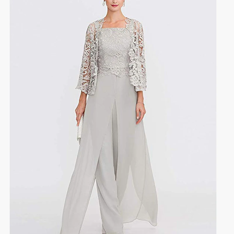 Top Trends: Gray Lace Mother Of The Bride Dresses Elegant Chiffon Appliqued Long Sleeve Groom Dresses With Jacket 3 Pieces Plus Size Wedding Shoppable Styles