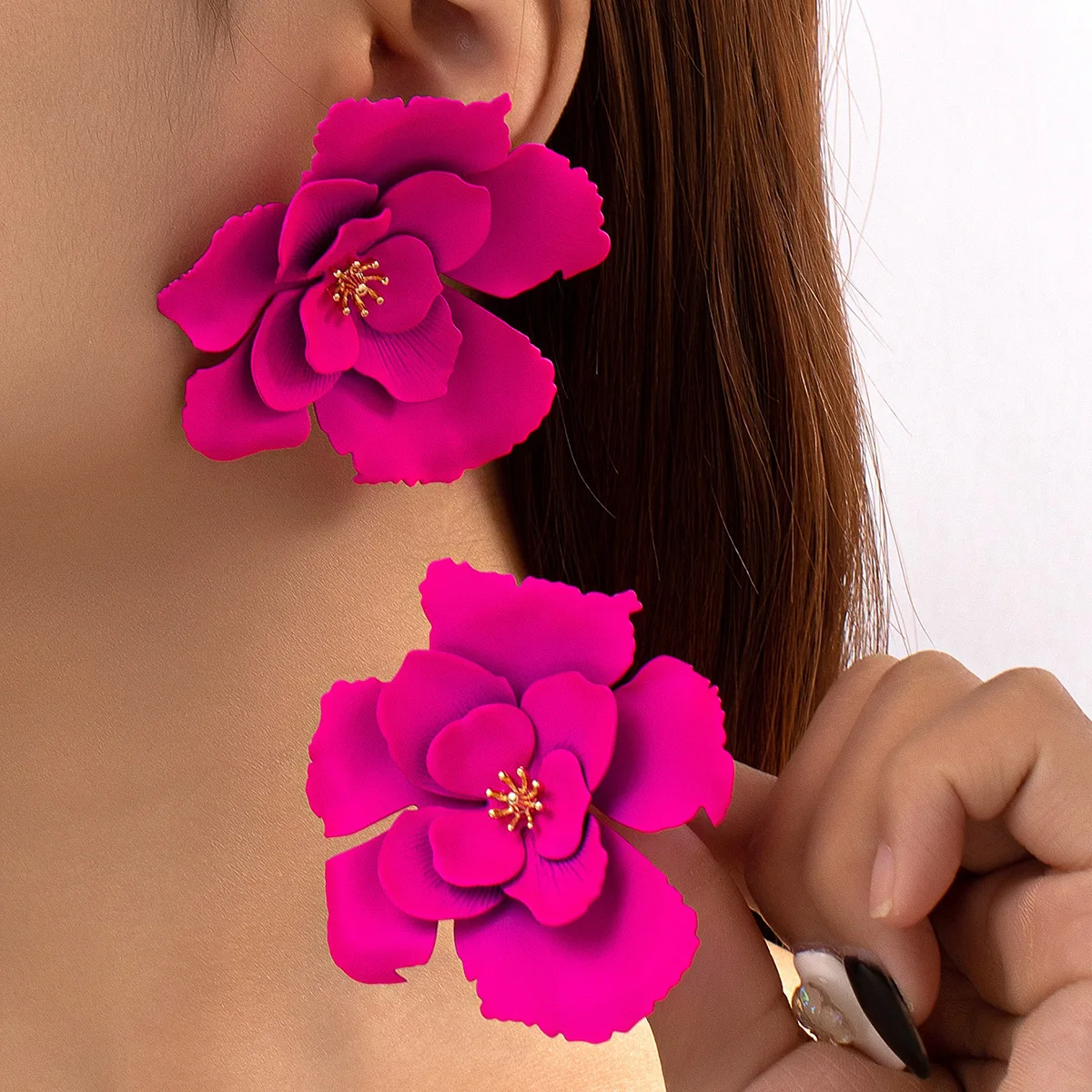 Top Trends: Fashion Big Flower Drop Earrings For Women Wedding New Trendy Long Fushsia Double Layer Enamel Floral Crystal Stud Earring Shoppable Styles