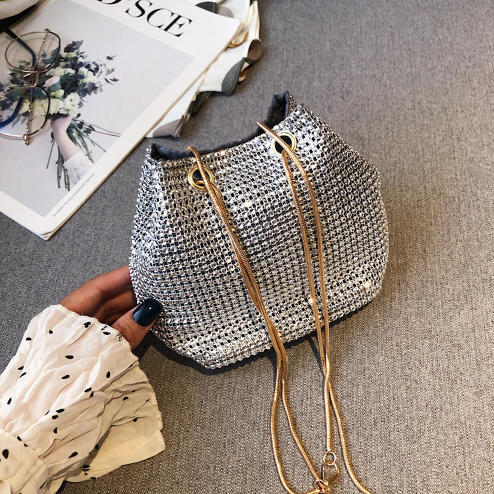 Top Trends: Sliver / Black Color Bucket Shape Crossbody Bags Fashion Banquet Evening Party Clutches Shining Shoulder Bag Women Chain Handbag Shoppable Styles